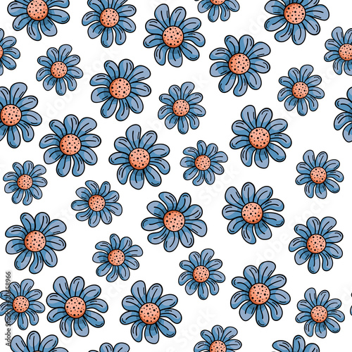 Hand drawn vector seamless pattern with doodles illustrations. Blue flowers with petals  daisies. Decorative floral background.