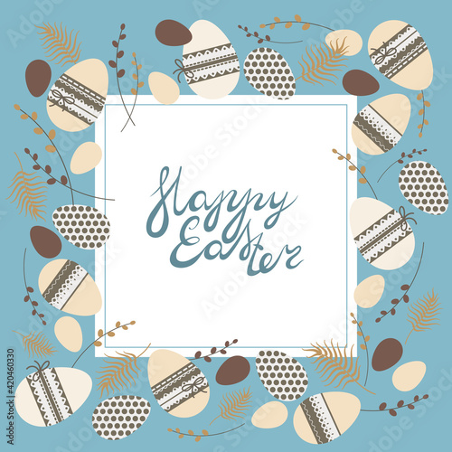 Vector illustration Happy Easter card with eggs and pussy willow branches