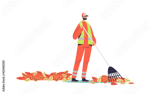Janitor in uniform sweeping yellow leaves on street with broom. Cartoon street cleaner worker