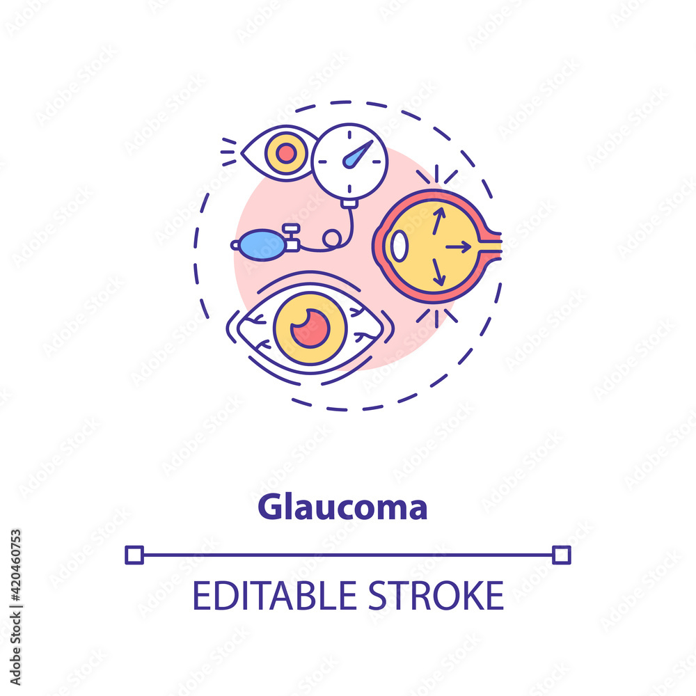 Glaucoma concept icon. Adults eyes diseases. Eye diseases which result in damage to optic nerve idea thin line illustration. Vector isolated outline RGB color drawing. Editable stroke Glaucoma concept icon. Adults eyes diseases. Eye diseases which result in damage to optic nerve idea thin line illustration. Vector isolated outline RGB color drawing. Editable stroke