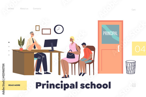 Principal school concept of landing page with mom and kid meeting with director in his office