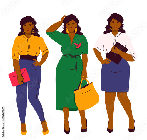 A set of three fashion look, casual jeans, blouse, smart - a green dress and a brooch, business - a white blouse and a blue pencil skirt. Heeled shoes. Beautiful African American woman in plus size.