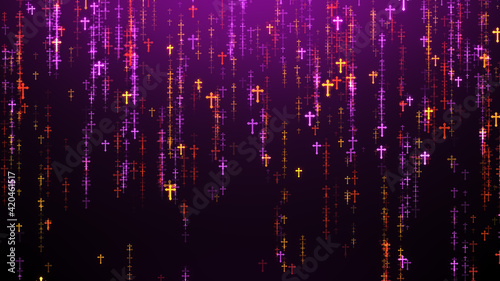 Artistic Purple Colorful Abstract Shiny Glitter Cross Jesus Confetti Shapes Falling Rain Background © agratitudesign