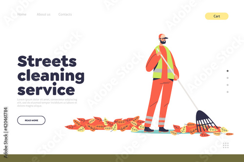 Street cleaning service concept of landing page with janitor in uniform sweeping yellow leaves