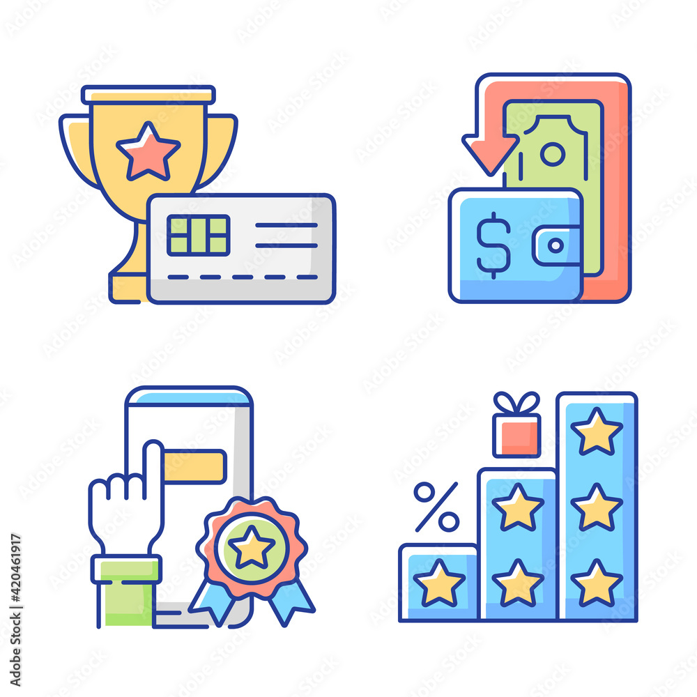 Benefits and refunds RGB color icons set. Consumers shop and save money. Purchasing things and getting bonuses. Rewarding credit card. Savings and cashback. Isolated vector illustrations Benefits and refunds RGB color icons set. Consumers shop and save money. Purchasing things and getting bonuses. Rewarding credit card. Savings and cashback. Isolated vector illustrations