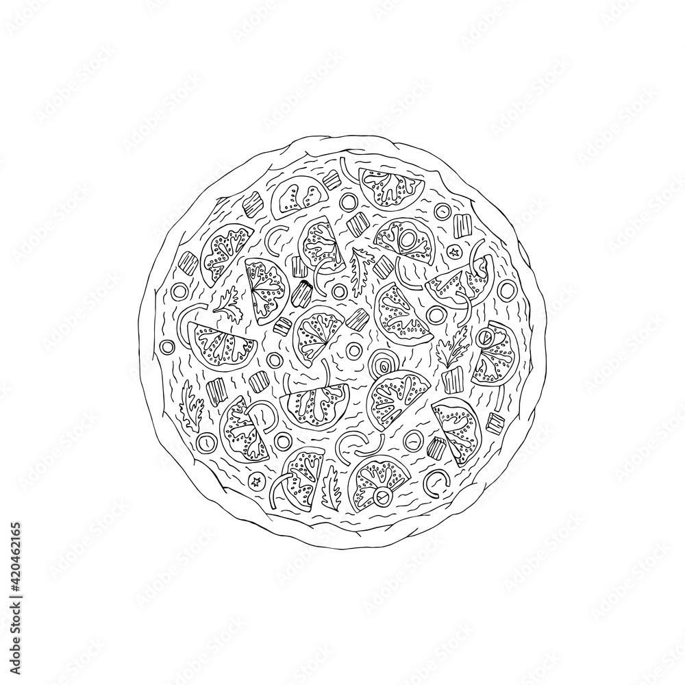 Vegetarian pizza. Vector illustration on a white background drawn by hands. Filling with cheese, tomatoes, olives, basil and onions. Italian food. Isolated element for template, label, menu, logo.