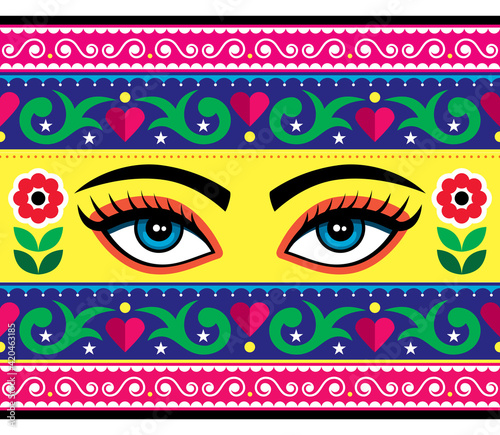 Fototapeta Naklejka Na Ścianę i Meble -  Pakistani or Indian truck art vector seamless pattern with female eyes and flowers - long vertical design
