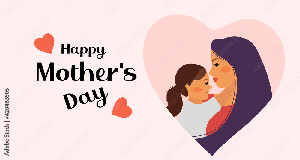 Happy mother's day. Child daughter and mom hug. Mum and girl smiling and hugging. Cute little baby hugging her mother. Vector illustration