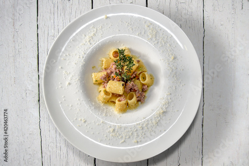 half striped paccheri with sausage meat sauce and thyme. Italian Pasta macaroni  cooked seasoned in white plate on white painted wooden boards photo