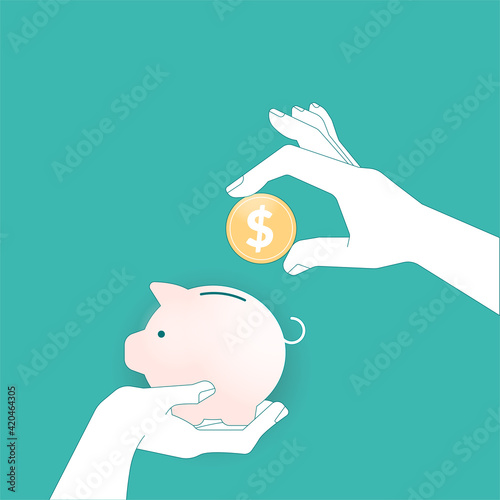 Piggy bank icon with falling coins vector illustration on a turquoise teal background. Saving, investment in future or save money or open a bank deposit concept. Flat style objects.