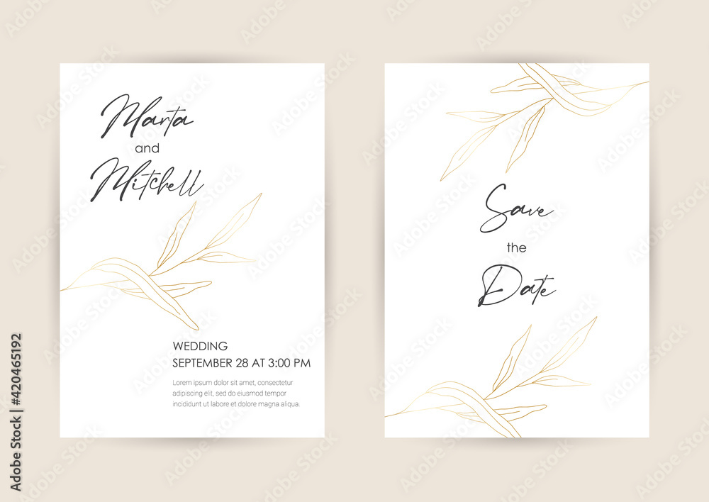 Wedding Invitation with Gold Flowers and gold geometric line design. Cover design with an ornament of golden leaves. vector eps10