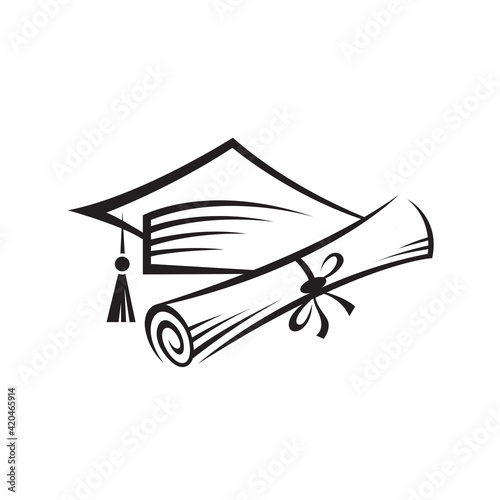 illustration of graduation cap and rolled diploma isolated on white background