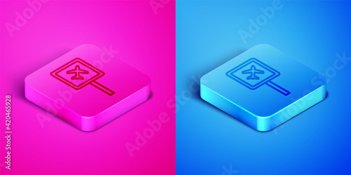 Isometric line Airport icon isolated on pink and blue background. Square button. Vector