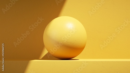 3d render, abstract sunny yellow background with shadow and bright sunlight. Minimal showcase scene with big ball