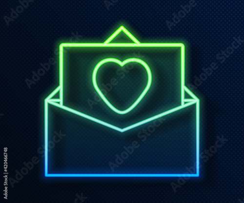 Glowing neon line Envelope with Valentine heart icon isolated on blue background. Message love. Letter love and romance. Vector