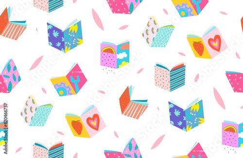 Book covers seamless pattern geometrical background on white. Simple colorful hand drawn design for reading books and studying, for wrapping paper and crafts. Vector seamless patter.
