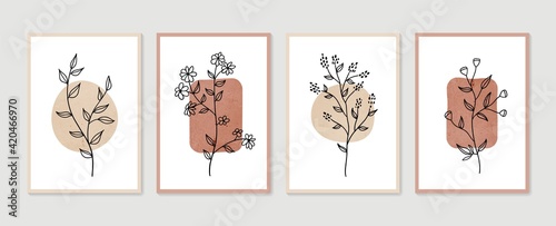 Botanical wall art vector set. Minimal and natural wall art. Boho foliage line art drawing with abstract shape. Abstract Plant Art design for print, wallpaper, cover. Modern vector illustration.