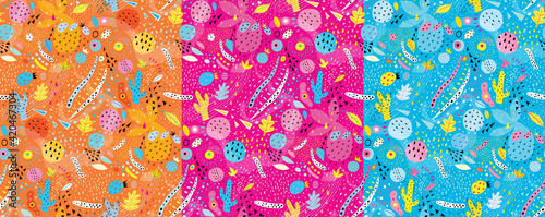 Collage style minimal trendy leaves and cactus and amoeba plant based organic pattern design in three colors. Food organic packaging design. Vector seamless pattern.