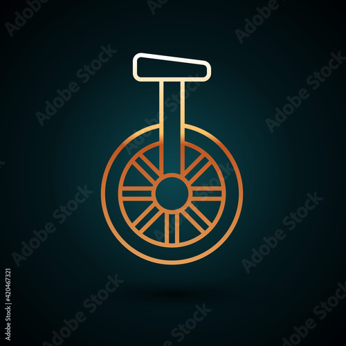 Gold line Unicycle or one wheel bicycle icon isolated on dark blue background. Monowheel bicycle. Vector