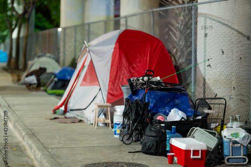 Homeless people camping Downtown Miami Florida USA SW 2nd Street