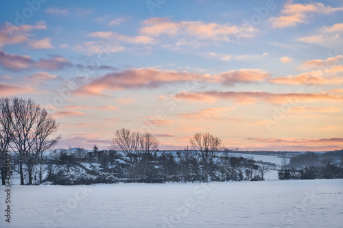 sunset in the winter with trees, blue sky and clouds