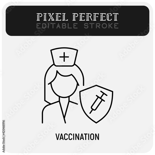 Coronavirus vaccination for medical staff. Virus protection: nurse is protected by shield with vaccine. Immune system. Thin line icon. Pixel perfect, editable stroke. Vector illustration.