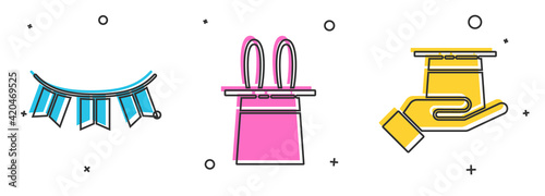 Set Carnival garland with flags, Magician hat and rabbit ears and Magician hat in hand icon. Vector