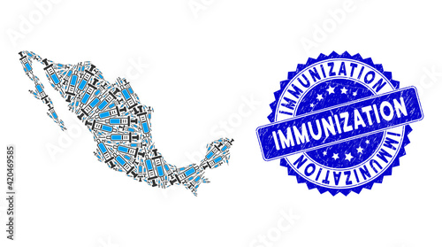 Mexico mosaic map organized of syringe items, and Immunization textured seal stamp. Vector syringe randomized flat items are combined into mosaic map of Mexico state.
