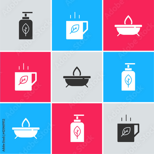Set Essential oil bottle, Cup of tea and leaf and Aroma candle icon. Vector