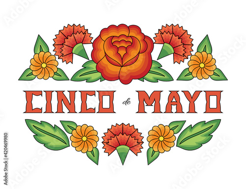 Cinco de Mayo, National Day, 5 May, illustration vector. Floral background with rose and carnation flowers pattern from traditional tehuana Mexican embroidery design.