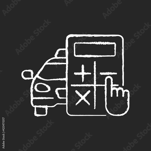 Rate estimator chalk white icon on black background. Car and calculator. Estimation of the taxi fare. Fixed rate. Cost estimate. Cheap taxi service. Isolated vector chalkboard illustration