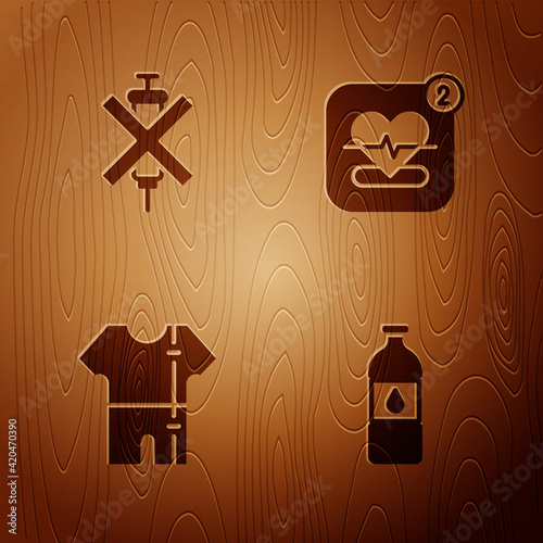 Set Bottle of water, No doping syringe, Sport track suit and Mobile with heart rate on wooden background. Vector