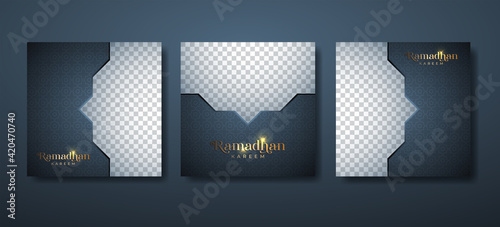 Ramadan social media post template banner ad design. Islamic background with dark blue and golden effect. Editable space image or photo. Vector illustration.