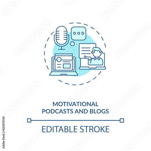 Motivational podcasts and blogs concept icon. Inspiration from people idea thin line illustration. Listening to audio and reading quotes. Vector isolated outline RGB color drawing. Editable stroke
