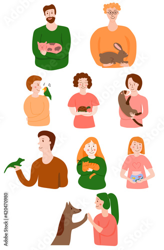 Vector set with happy pet owners. Pretty illustration for web, polygraphy, decoration, etc