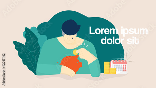 Man put a coin into the piggy bank vector illustration. Saving, investment in future or save money or open a bank deposit concept. Add money to Piggy Bank. Budget home savings and investment money.