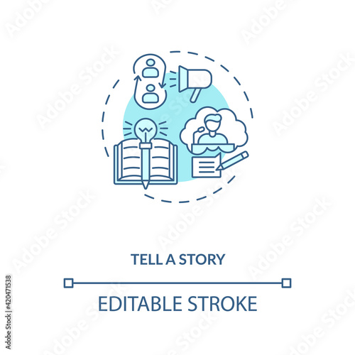 Fototapeta Naklejka Na Ścianę i Meble -  Tell story concept icon. Leader speaking motivational information idea thin line illustration. Coaching talking to audience. Vector isolated outline RGB color drawing. Editable stroke
