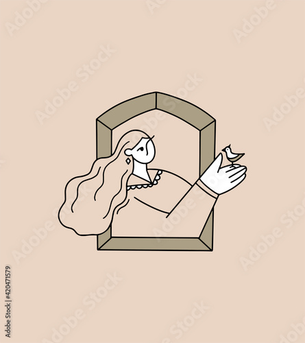 Illustration in a minimalistic linear style. The girl sits in the window and dreams, holding a flower in her hand. Delicate logo for womens business. Cartoon character. Abstract portrait of a woman.