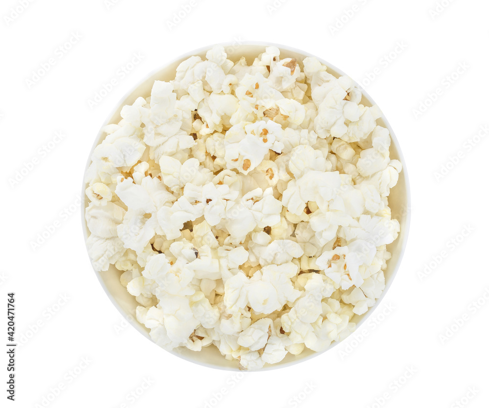 Popcorn corn cooked, in a white bowl, isolated on white background with clipping path. Top view. Popcorn corn cooked, in a white bowl, isolated on white background with clipping path. Top view.