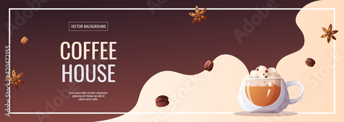 Banner for Coffee shop, Coffee house, cafe-bar, barista, drink concept. Vector illustration for poster, banner, flyer, advertising, commercial, promo, menu. 