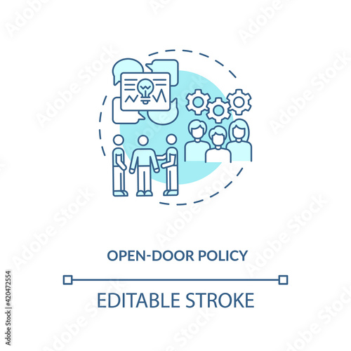 Open-door policy concept icon. Opportunity of choosing idea for projects idea thin line illustration. Speaker of conference. Vector isolated outline RGB color drawing. Editable stroke