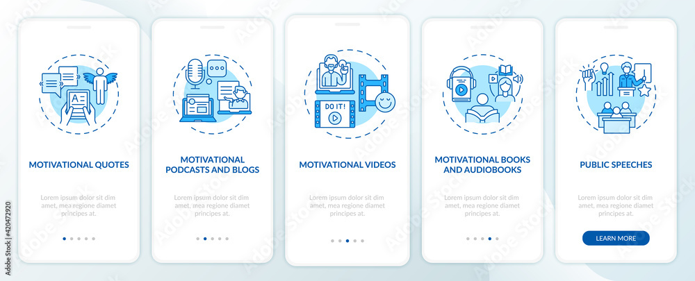Motivational content sources onboarding mobile app page screen with concepts. Public speeches walkthrough 5 steps graphic instructions. UI vector template with RGB color illustrations