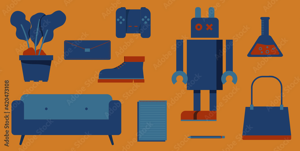 flat style vector design of cozy furniture and little items at home with indigo and orange color palette flat style vector design of cozy furniture and little items at home with indigo and orange color palette