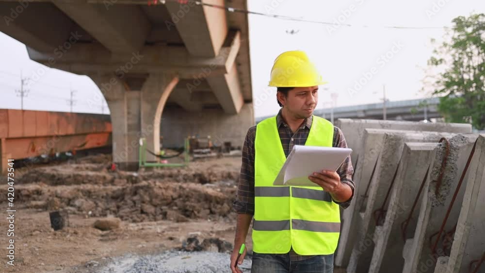 Asian Construction worker writing on clipboard at site, Check the construction work Asian Construction worker writing on clipboard at site, Check the construction work