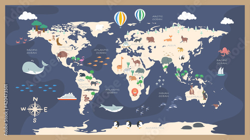 Fototapeta kolorowa mapa ze zwierzętami, chmurami i balonami