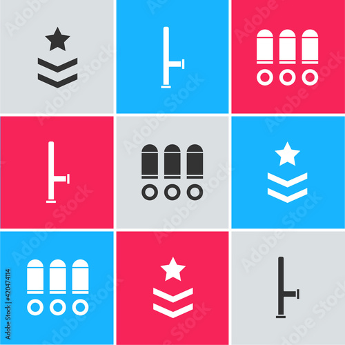 Set Military rank, Police rubber baton and Bullet icon. Vector