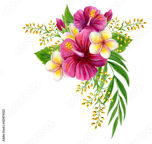 Tropical bouquet of hibiscus rose, frangipani and greenery of palm fronds leaf. Exotic floral composition hand drawn watercolor painting of natural leaves and flowers isolated on white background