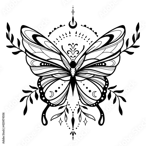 Vector illustration with hand drawn butterfly with moon. Abstract mystic sign. Black linear shape. For you design, tattoo or magic craft.