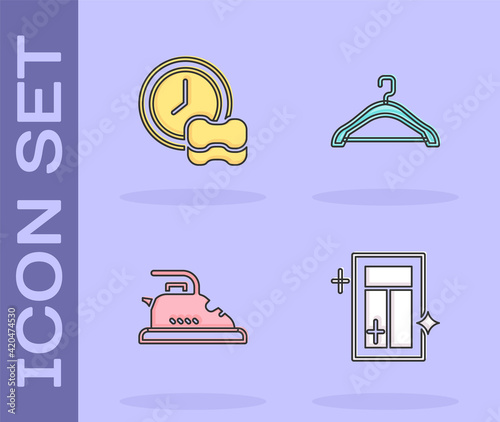 Set Cleaning service for window, Washing dishes, Electric iron and Hanger wardrobe icon. Vector