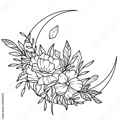 Beautiful flowers and leaves decorated crescent moon on white background